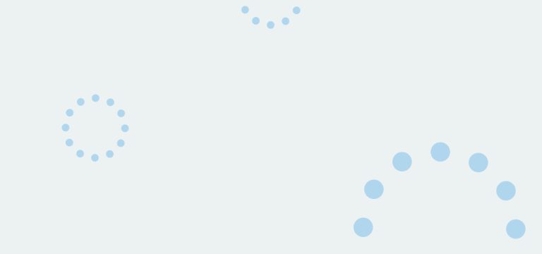 A pale blue background with three circular arrangements of light blue dots. One circle is centered, one is at the top, and another partial arc of dots is at the bottom right corner.