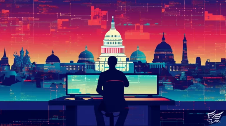 Illustration of a silhouetted person working on multiple computer monitors, set against a vibrant, digitally enhanced cityscape of Washington D.C., featuring prominent landmarks like the U.S. Capitol. The background includes abstract digital elements symbolizing technology and government operations.