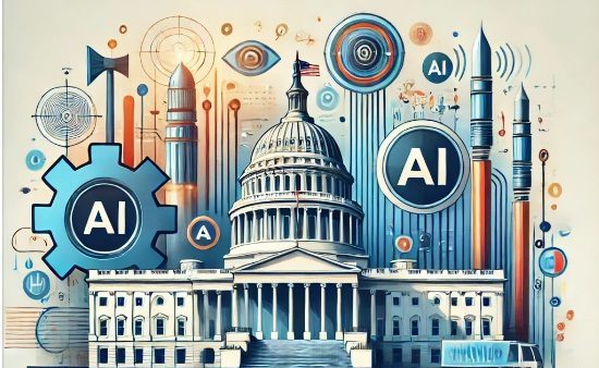 Illustration of the U.S. Capitol building surrounded by futuristic AI-themed elements, including gears, symbols, and rockets, representing the intersection of artificial intelligence and government. Large 'AI' symbols are prominently displayed, emphasizing technology's role in public policy and governance.