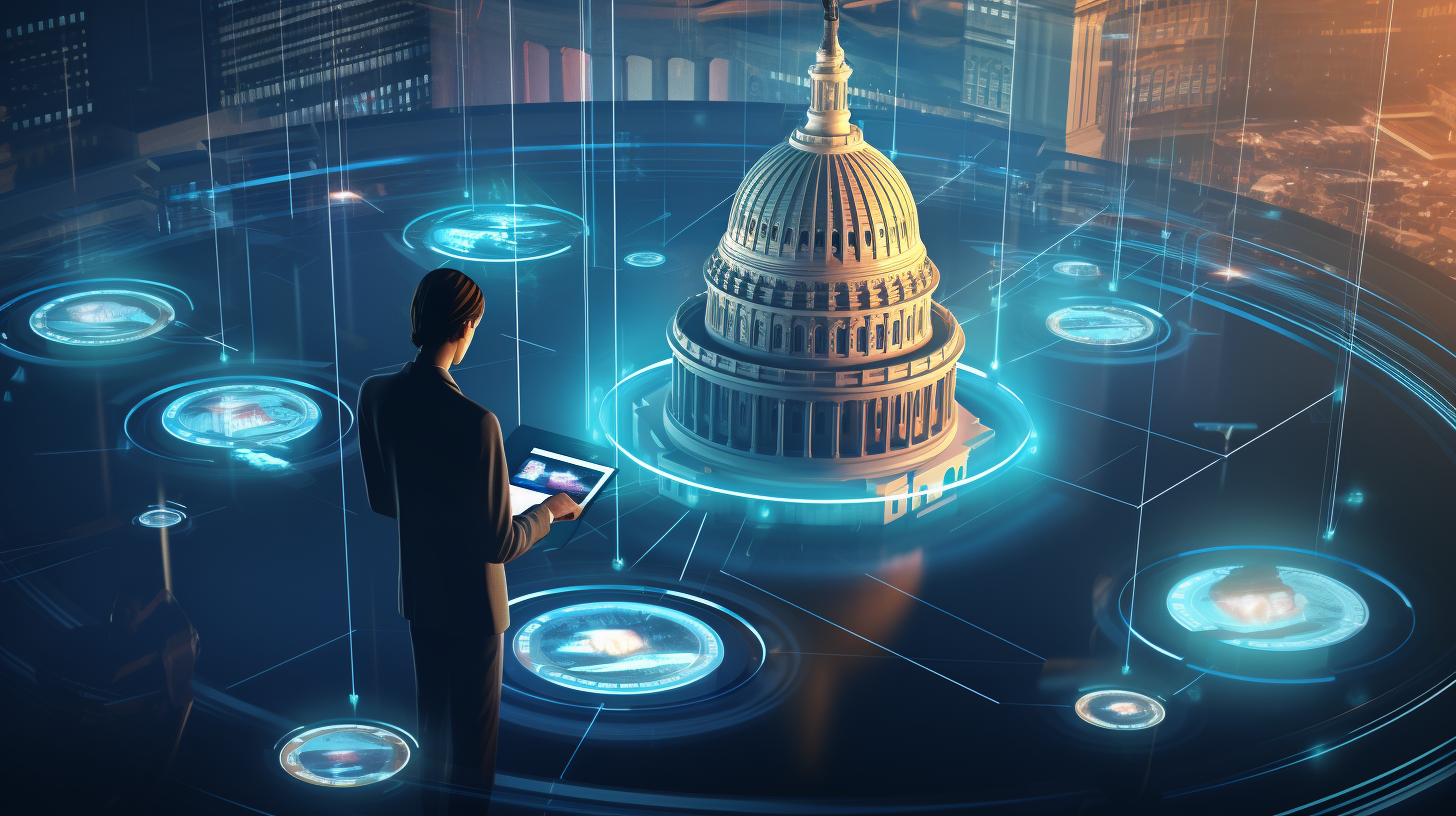 An isometric digital illustration of a government employee interacting with a tablet, surrounded by holographic interfaces connected to a central government building resembling the U.S. Capitol. The scene emphasizes technology in government operations, with a futuristic, glowing network representing data connections and information hubs.