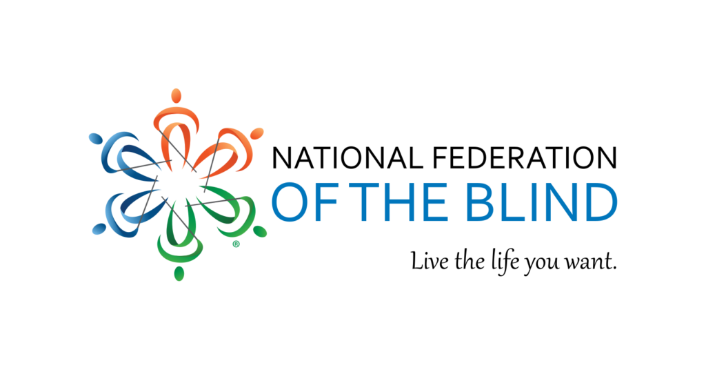 Logo of the National Federation of the Blind, National Association of Blind Merchants Division. The design features abstract figures in a circular pattern, using colors like blue, green, and orange. Below the logo text, a tagline reads, 'Live the life you want.