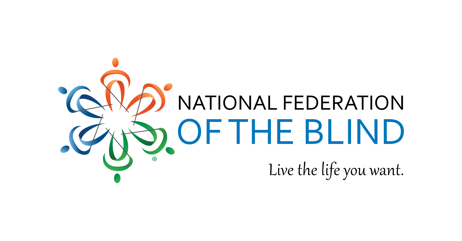 Logo of the National Federation of the Blind, National Association of Blind Merchants Division. The design features abstract figures in a circular pattern, using colors like blue, green, and orange. Below the logo text, a tagline reads, 'Live the life you want.