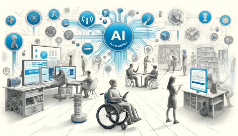 Illustration showcasing the role of AI in accessibility. The image features diverse individuals, including wheelchair users and people using assistive devices, interacting with technology in various settings. Central to the composition is a glowing blue icon labeled 'AI for Accessibility,' with interconnected digital nodes symbolizing integration. Around the scene are tools like screen readers, wearable devices, and assistive robotic arms, emphasizing inclusion and innovation. The background displays a collaborative workspace, where technology supports communication, learning, and independence for individuals with disabilities.