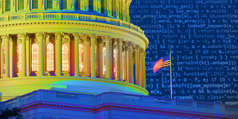 The U.S. Capitol building illuminated in a vibrant, multicolored light scheme with a digital overlay of code in the background, representing the intersection of technology and government.