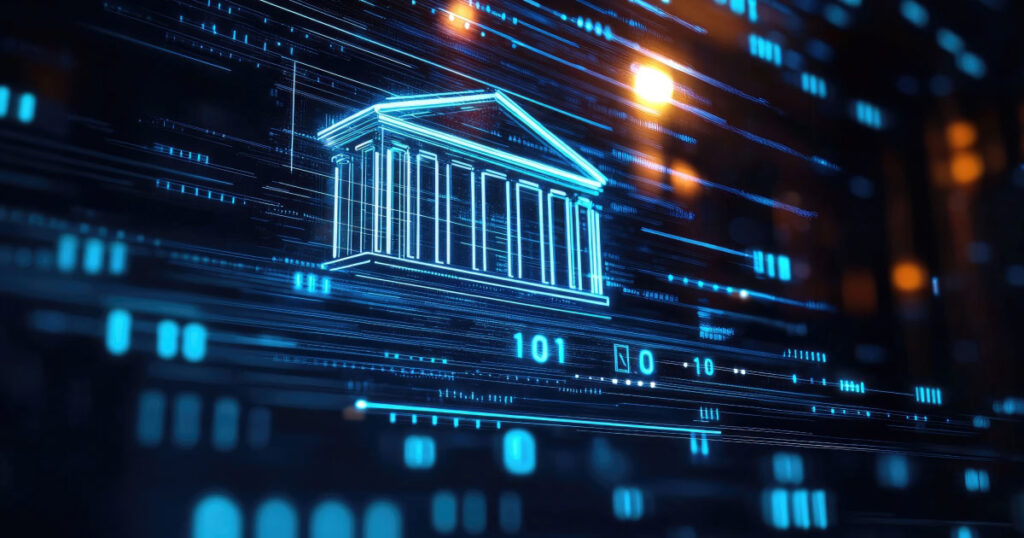 Digital illustration of a government building icon surrounded by glowing lines of data and binary code, symbolizing technology, security, and digital transformation in the public sector.