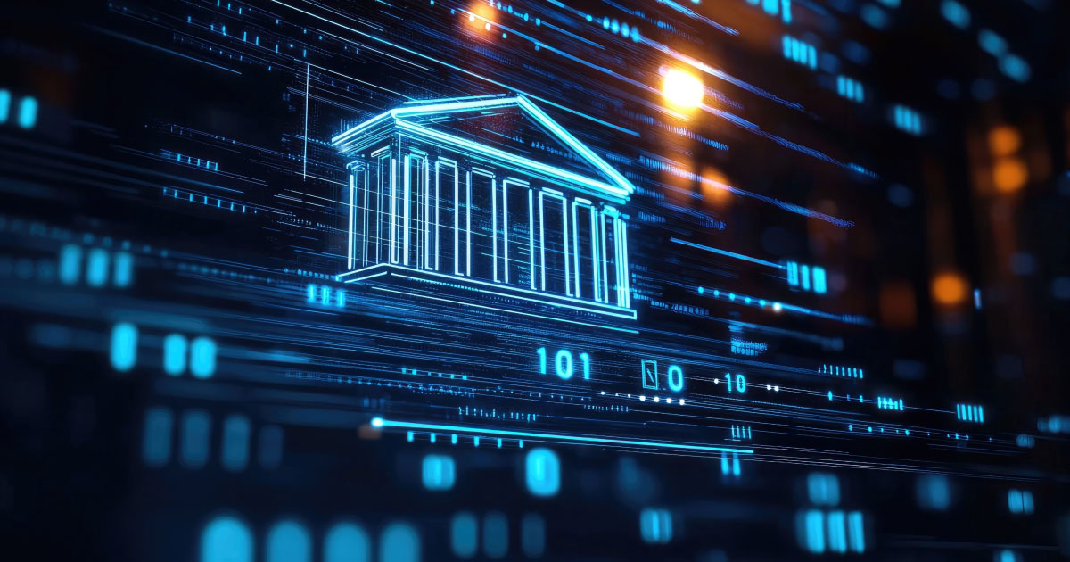 Digital illustration of a government building icon surrounded by glowing lines of data and binary code, symbolizing technology, security, and digital transformation in the public sector.