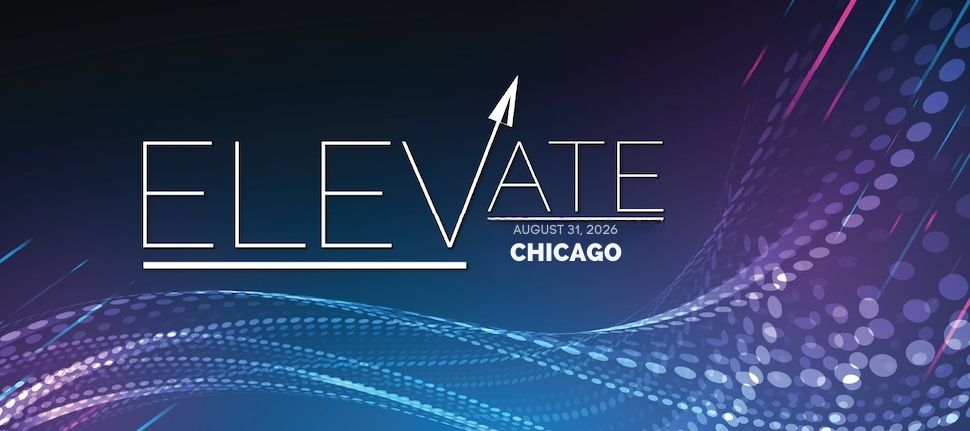 alt="Logo of the Elevate Conference in Chicago 2026. The design features abstract figures in a linear pattern, using colors like blue and violet. Above the letter V in the logo there is an arrow heading up and below is the 'August 31' conference date
